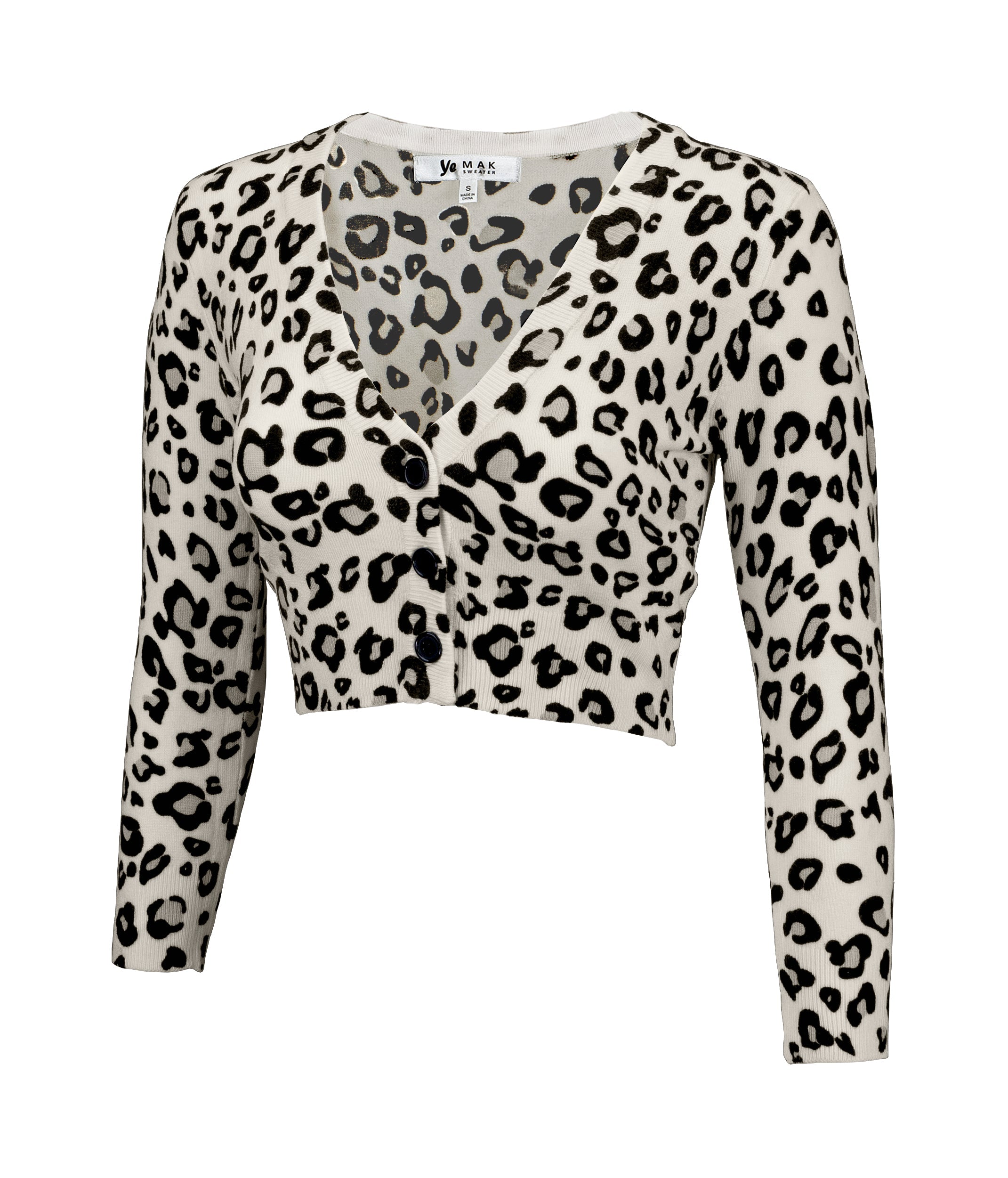 Women's Cropped 3/4 Sleeve Bolero Leopard Print Cardigan Sweater CO129LEO (S-XL) Ivory/Gray