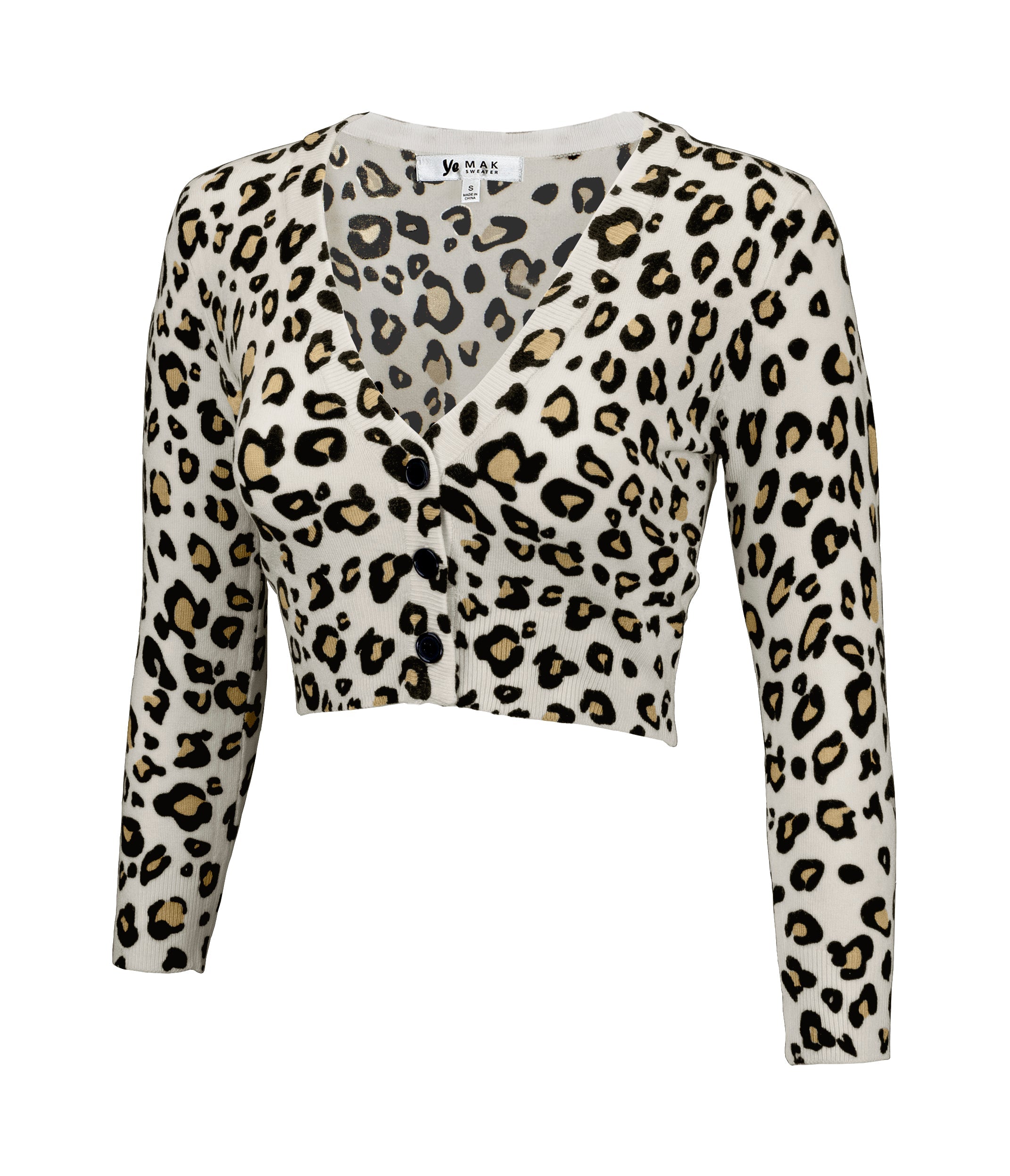 Women's Cropped 3/4 Sleeve Bolero Leopard Print Cardigan Sweater CO129LEO (S-XL) Ivory/Taupe