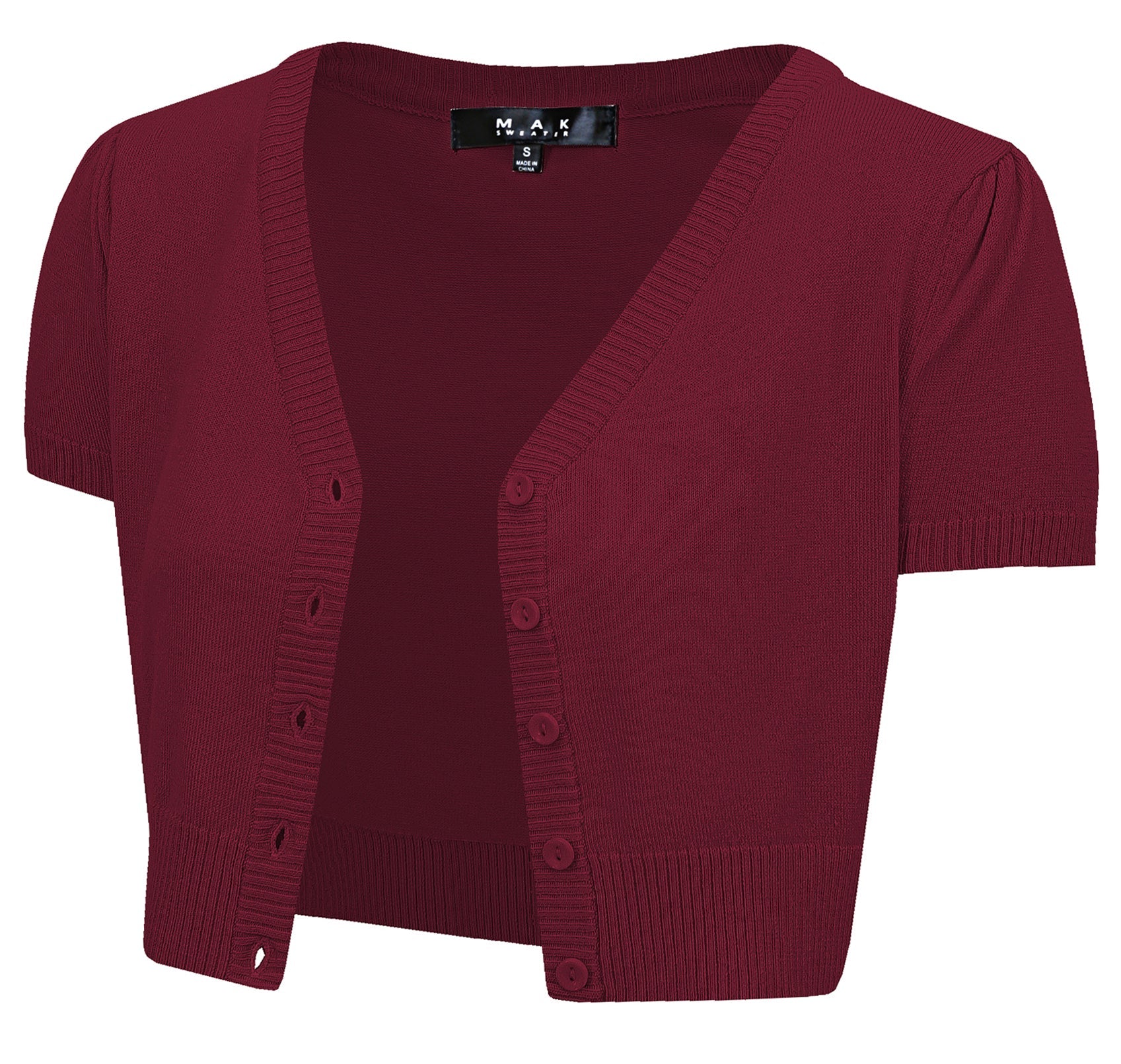 YEMAK Women's Cropped Bolero Short Sleeve Button Down Cardigan Sweater HB2137 (S-3X) Burgundy