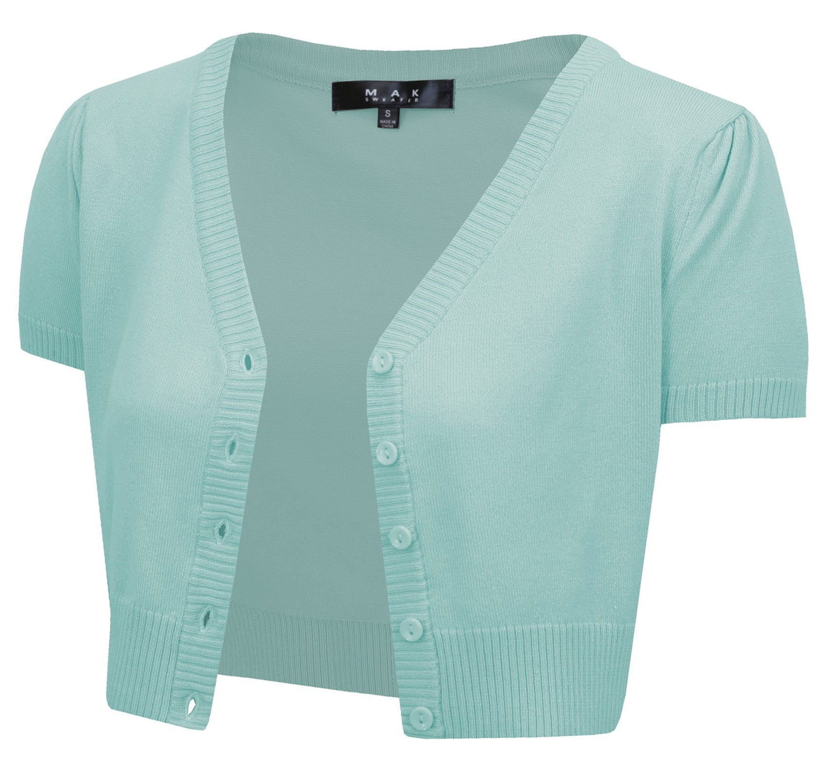 YEMAK Women's Cropped Bolero Short Sleeve Button Down Cardigan Sweater HB2137 (S-3X) Ice Blue