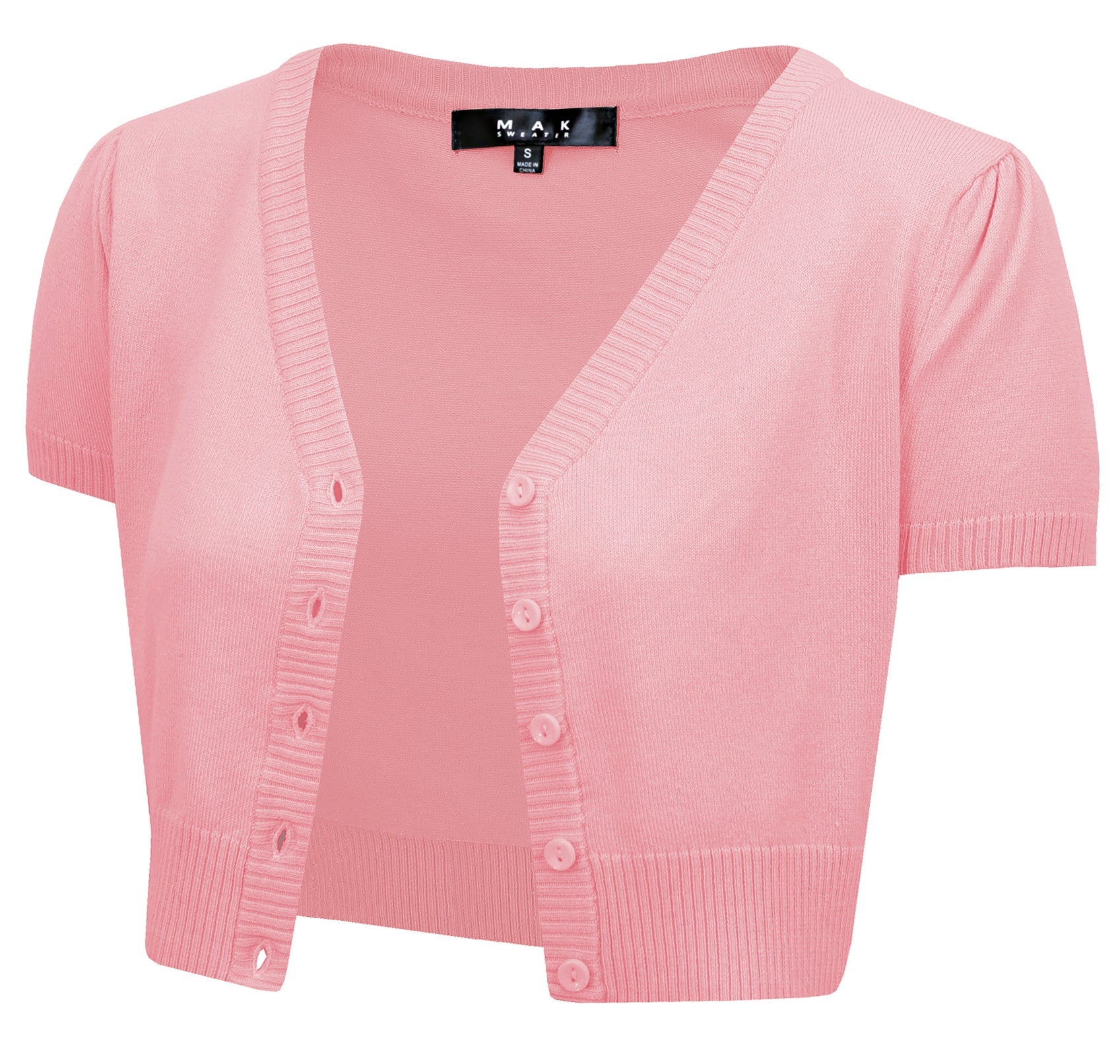 YEMAK Women's Cropped Bolero Short Sleeve Button Down Cardigan Sweater HB2137 (S-3X) Light Pink