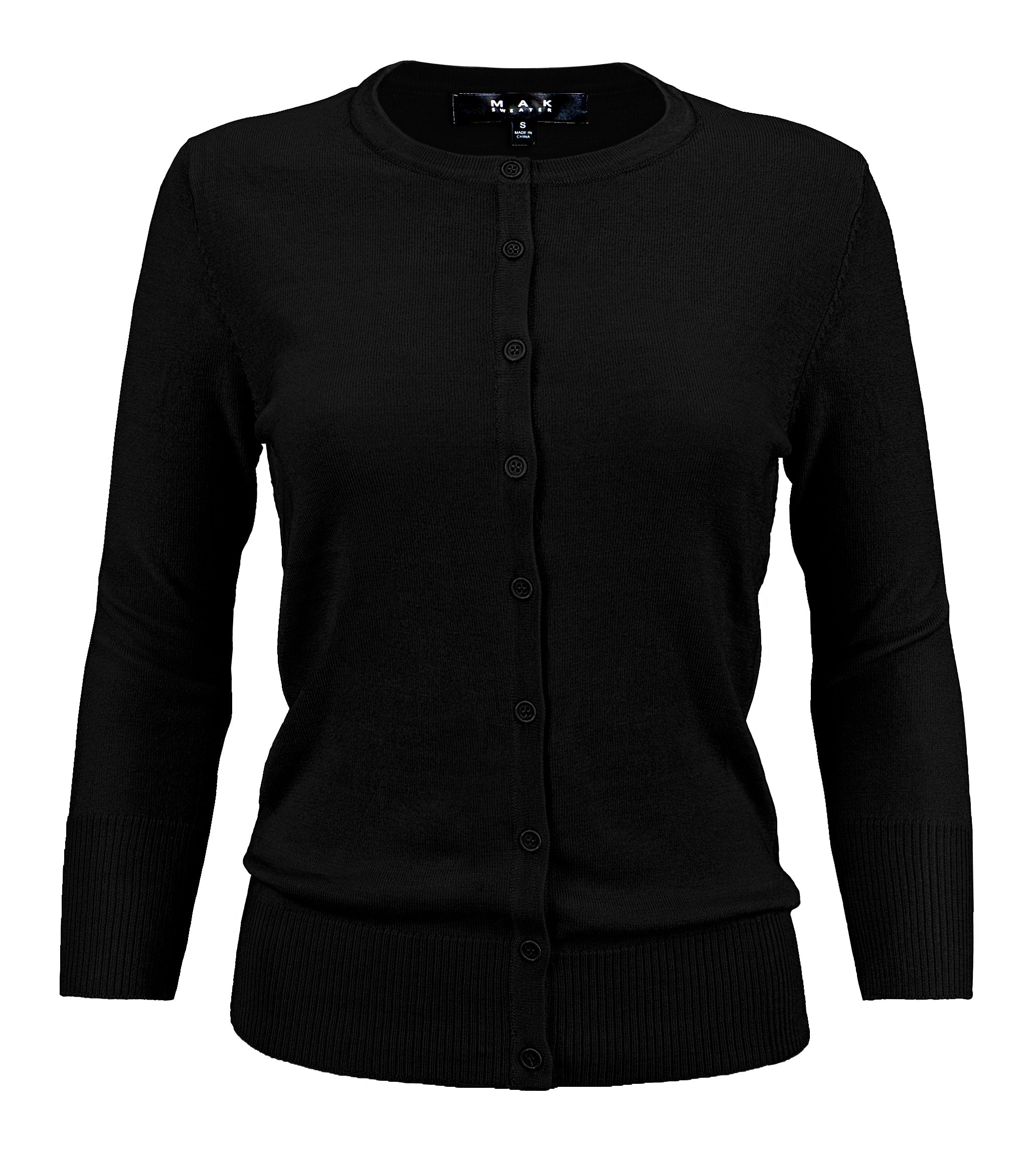 YEMAK Women's 3/4 Sleeve Crewneck Button Down Cardigan Sweater CO079 (S-3X) Black