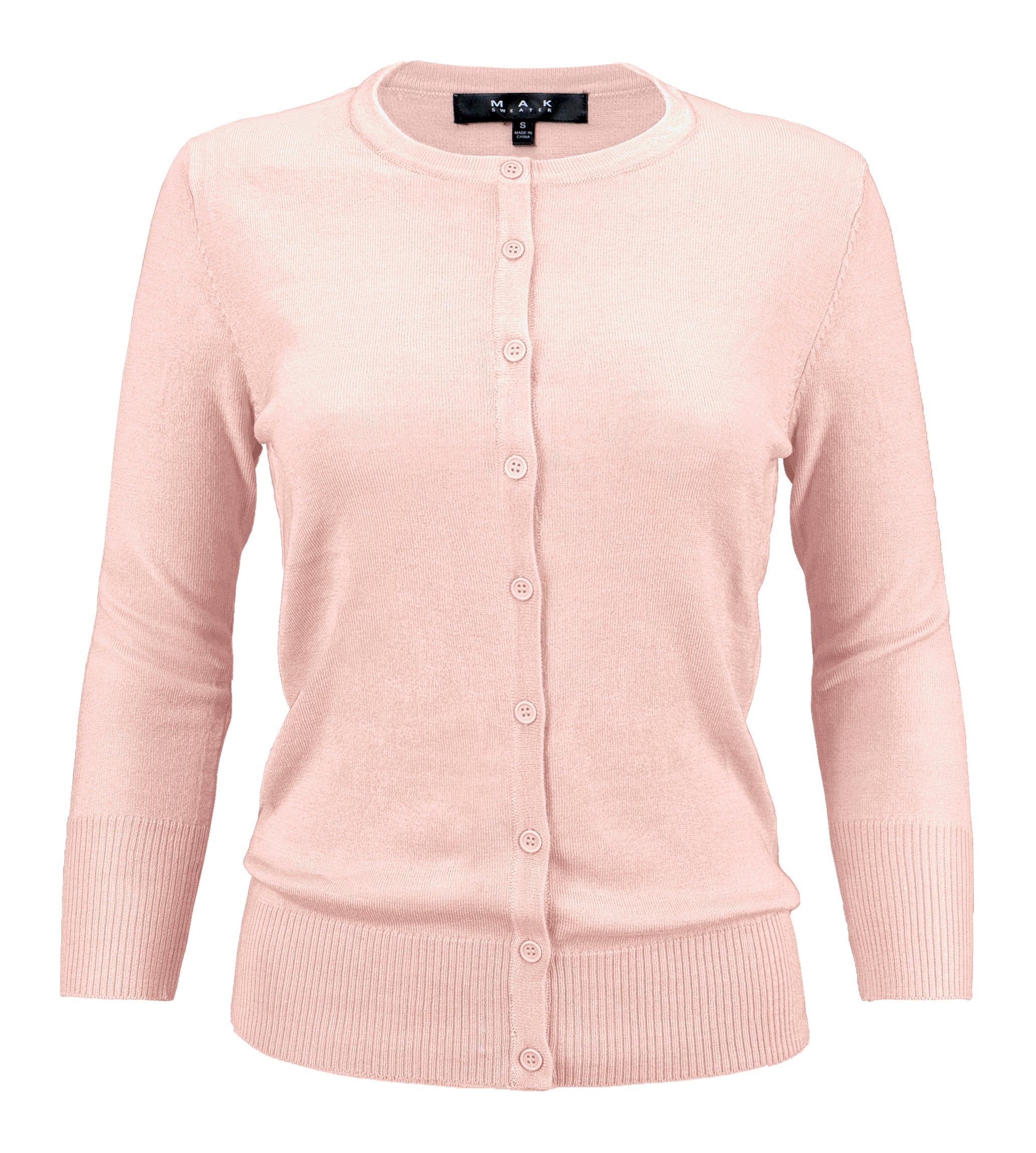 YEMAK Women's 3/4 Sleeve Crewneck Button Down Cardigan Sweater CO079 (S-3X) Blush
