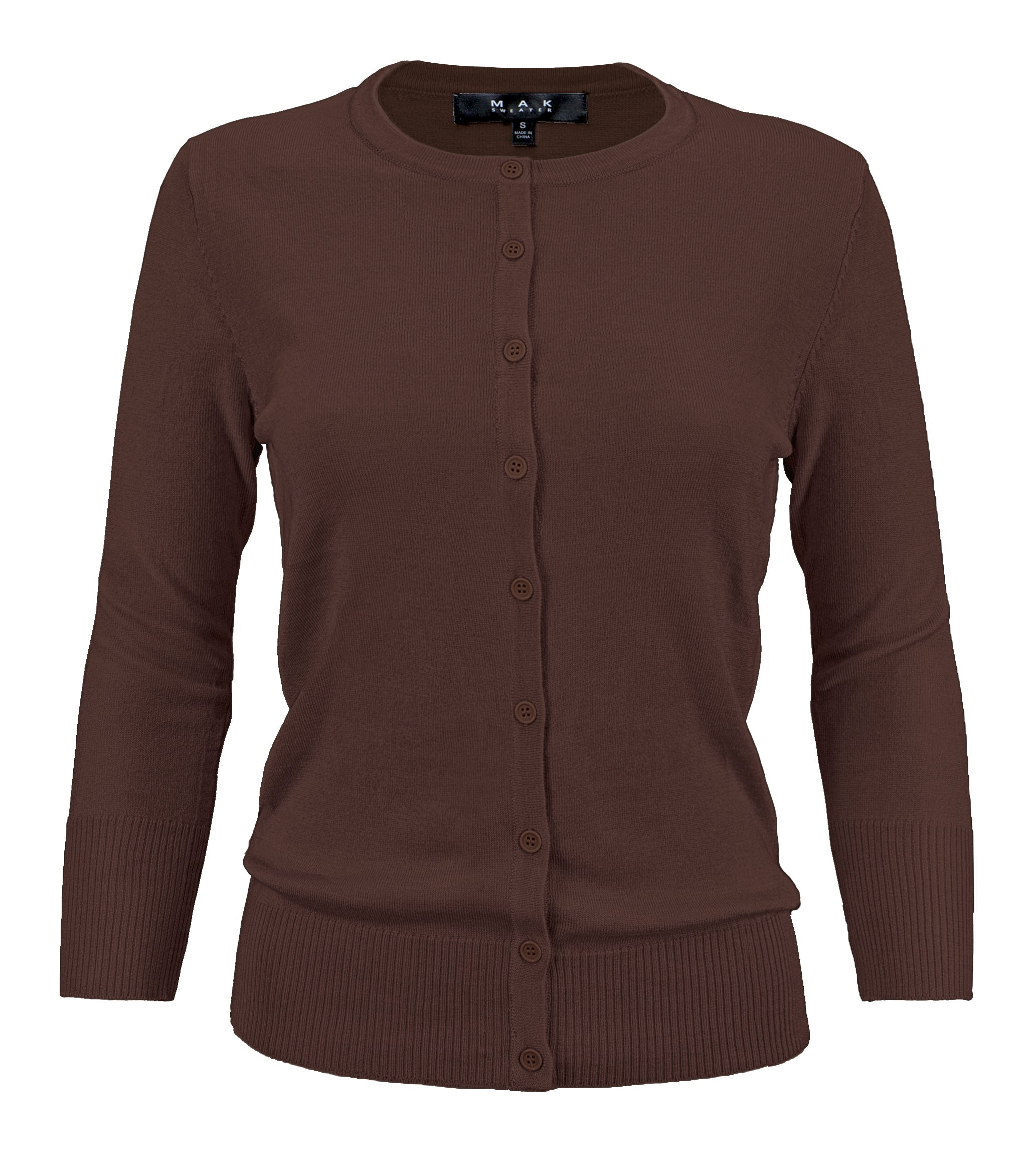 YEMAK Women's 3/4 Sleeve Crewneck Button Down Cardigan Sweater CO079 (S-3X) Brown