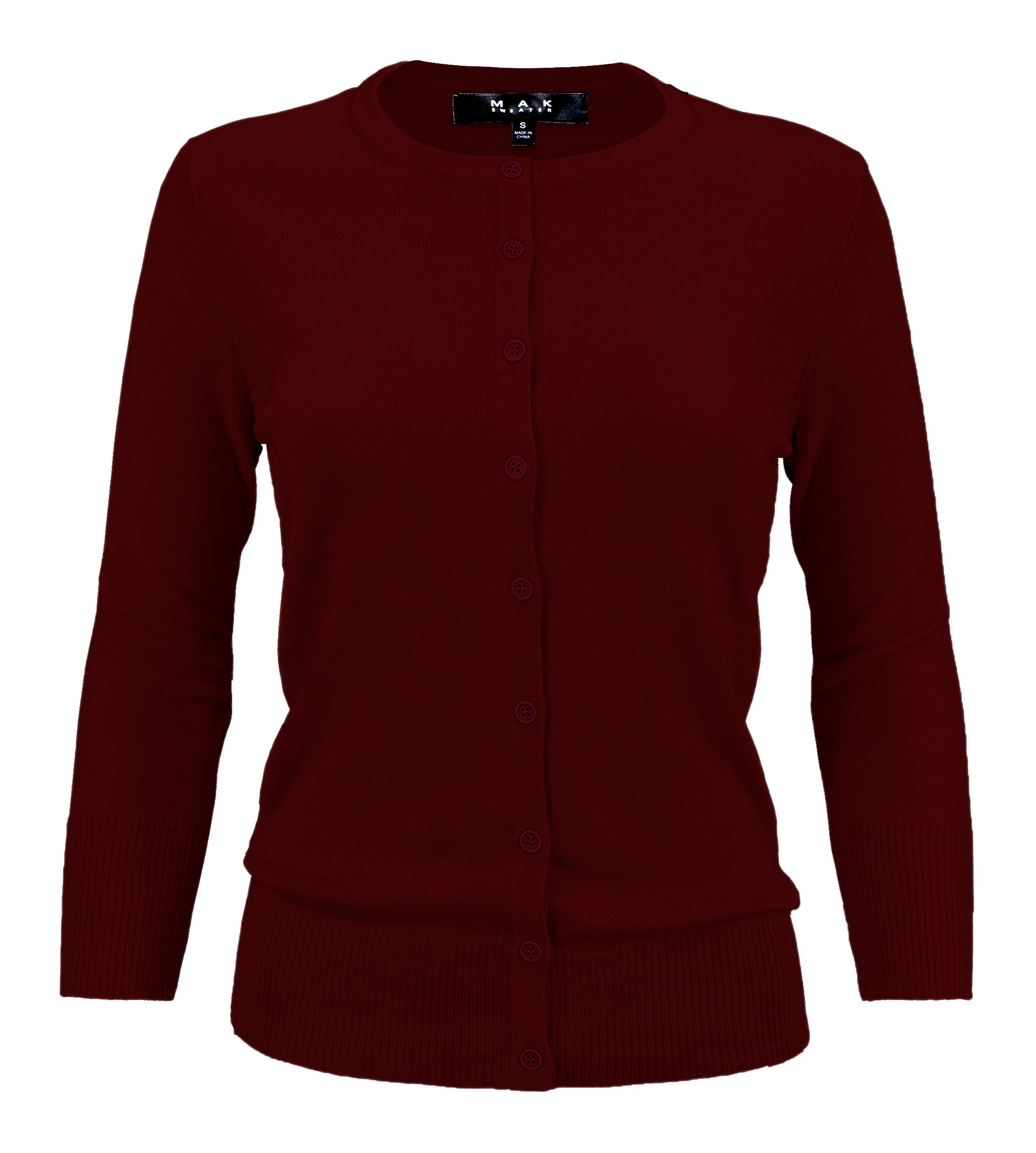 YEMAK Women's 3/4 Sleeve Crewneck Button Down Cardigan Sweater CO079 (S-3X) Burgundy
