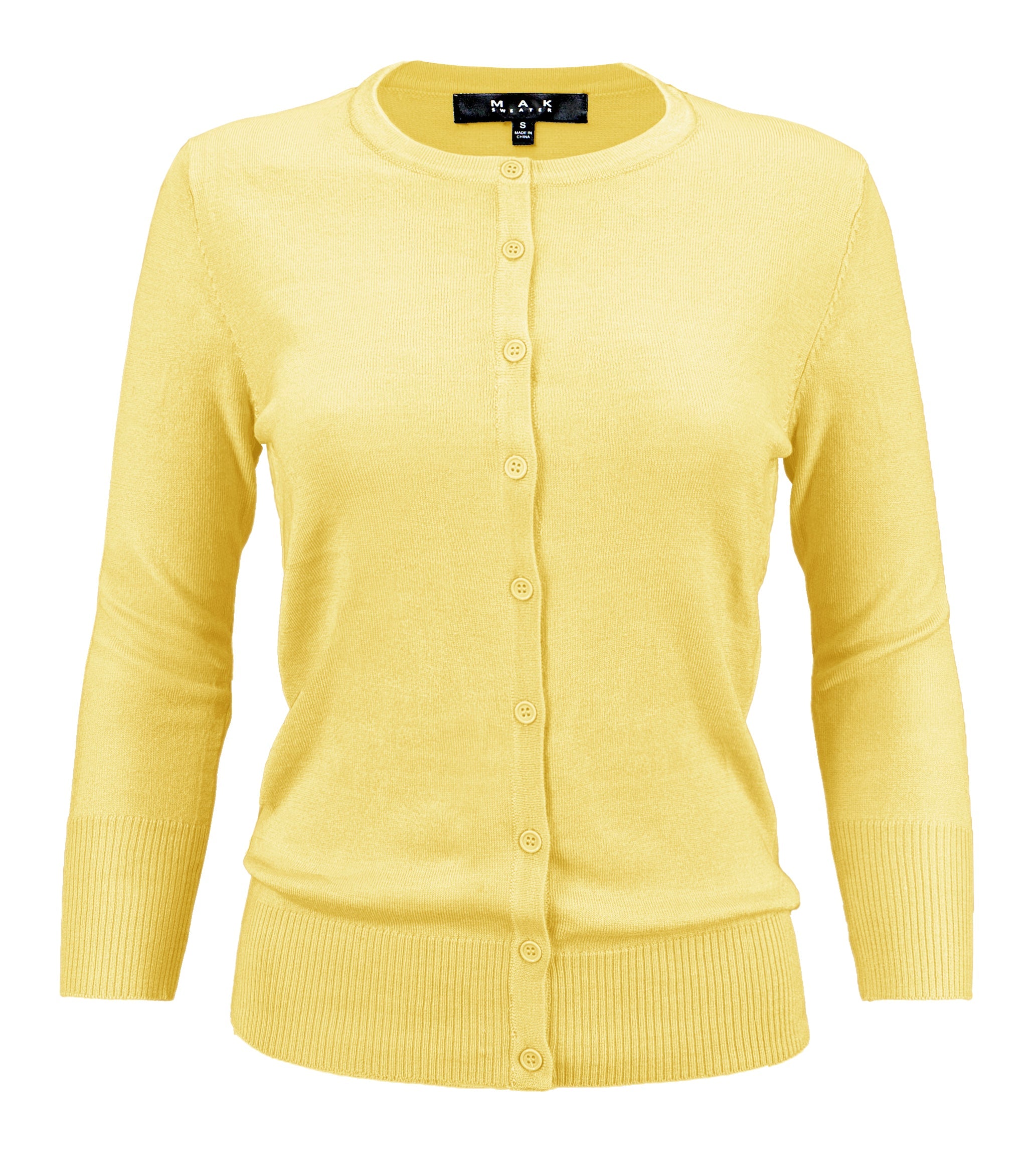 YEMAK Women's 3/4 Sleeve Crewneck Button Down Cardigan Sweater CO079 (S-3X) Baby Yellow