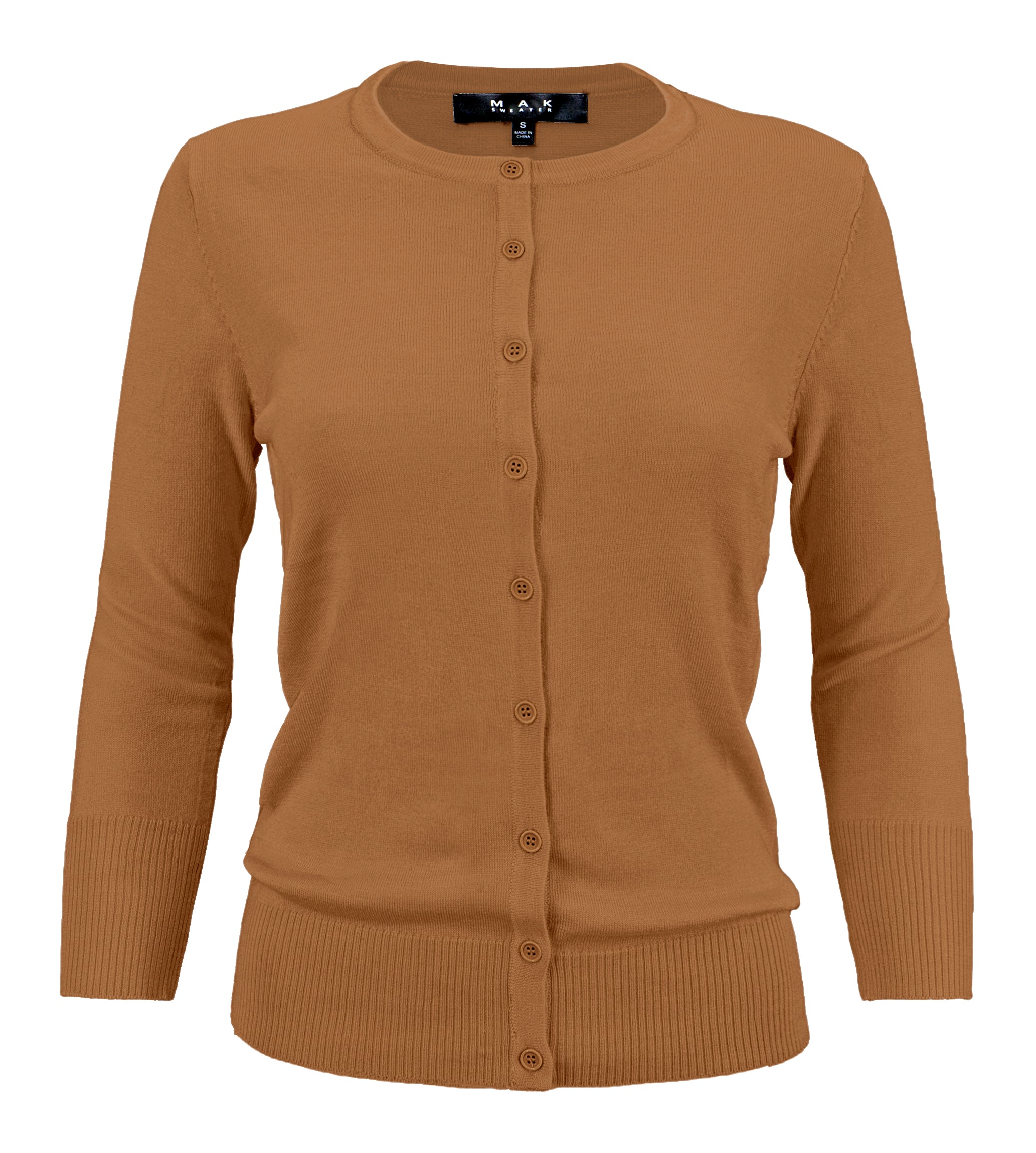 YEMAK Women's 3/4 Sleeve Crewneck Button Down Cardigan Sweater CO079 (S-3X) Camel