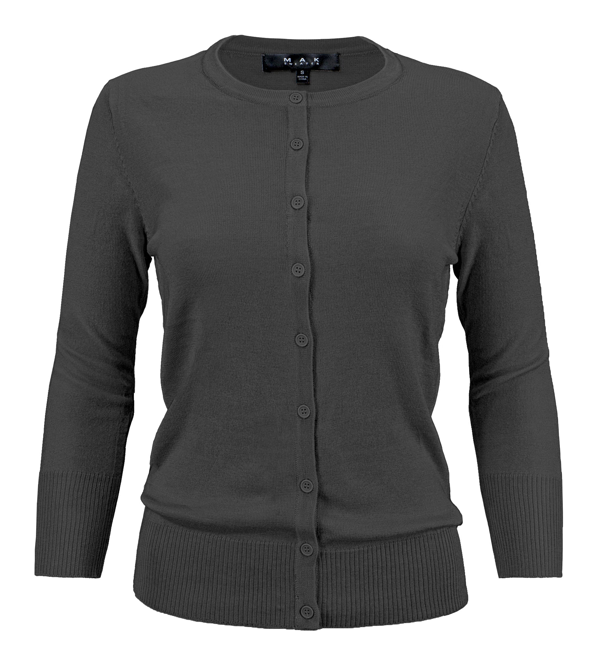 YEMAK Women's 3/4 Sleeve Crewneck Button Down Cardigan Sweater CO079 (S-3X) Charcoal
