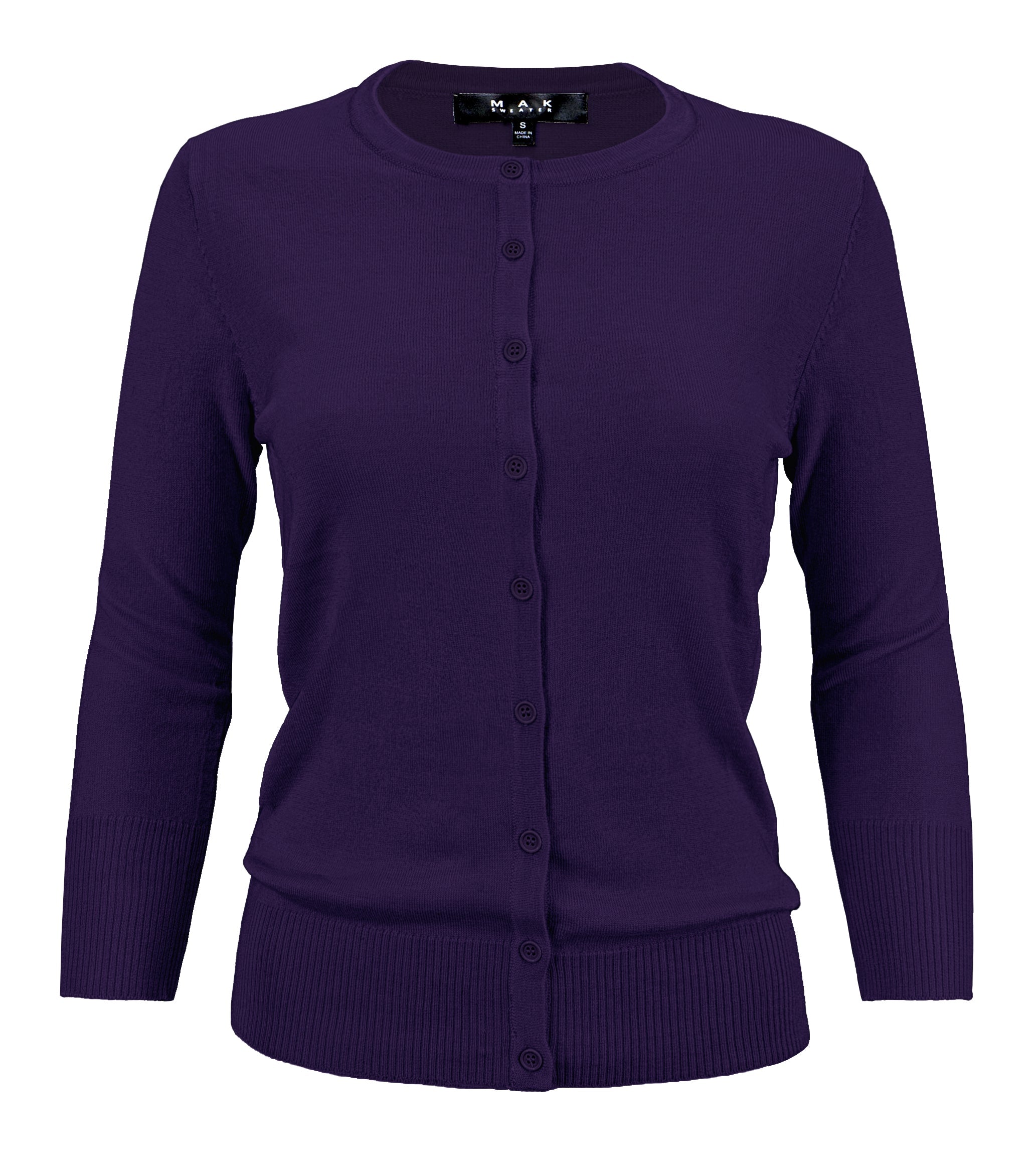 YEMAK Women's 3/4 Sleeve Crewneck Button Down Cardigan Sweater CO079 (S-3X) Grape