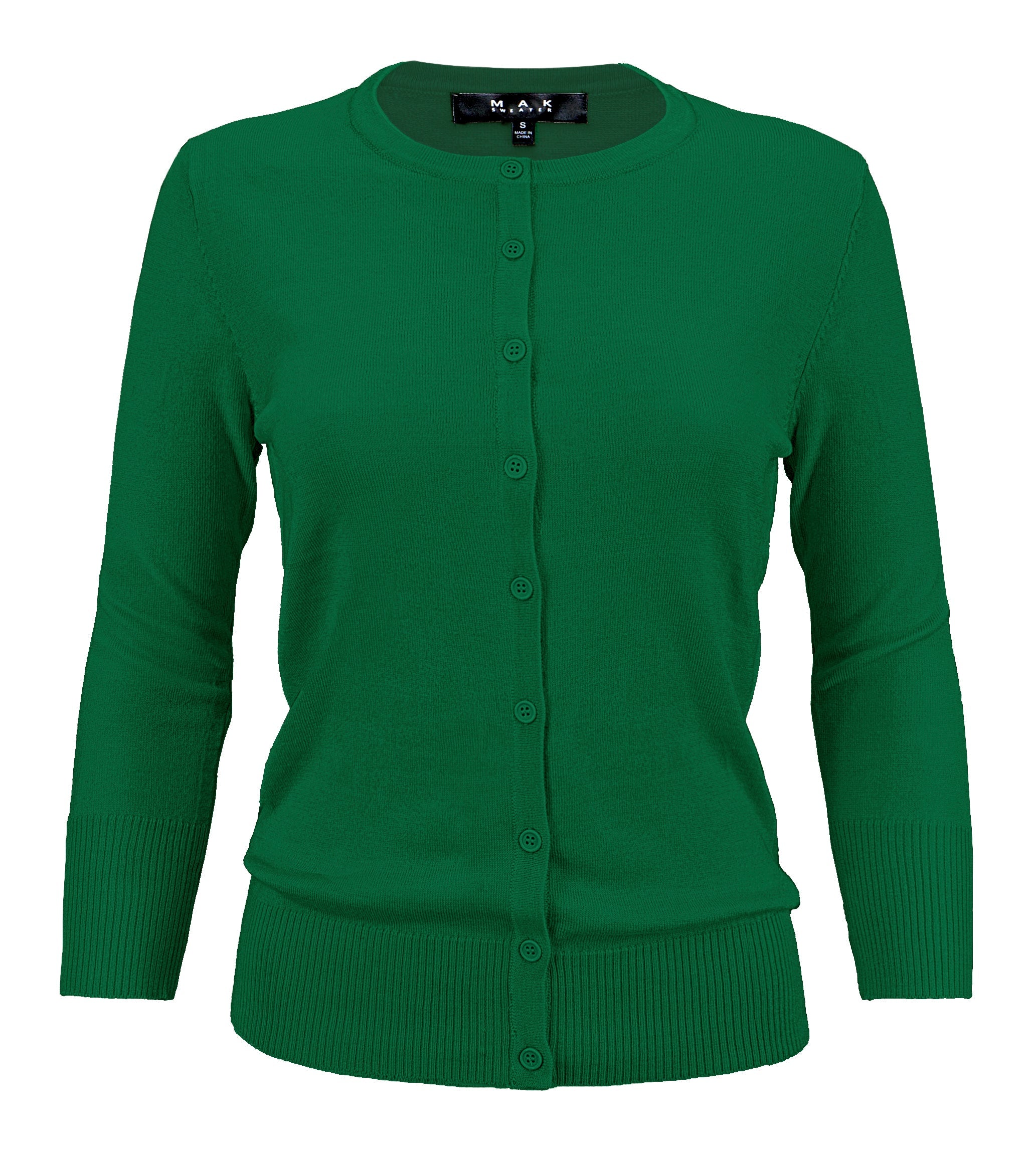 YEMAK Women's 3/4 Sleeve Crewneck Button Down Cardigan Sweater CO079 (S-3X) Kelly Green
