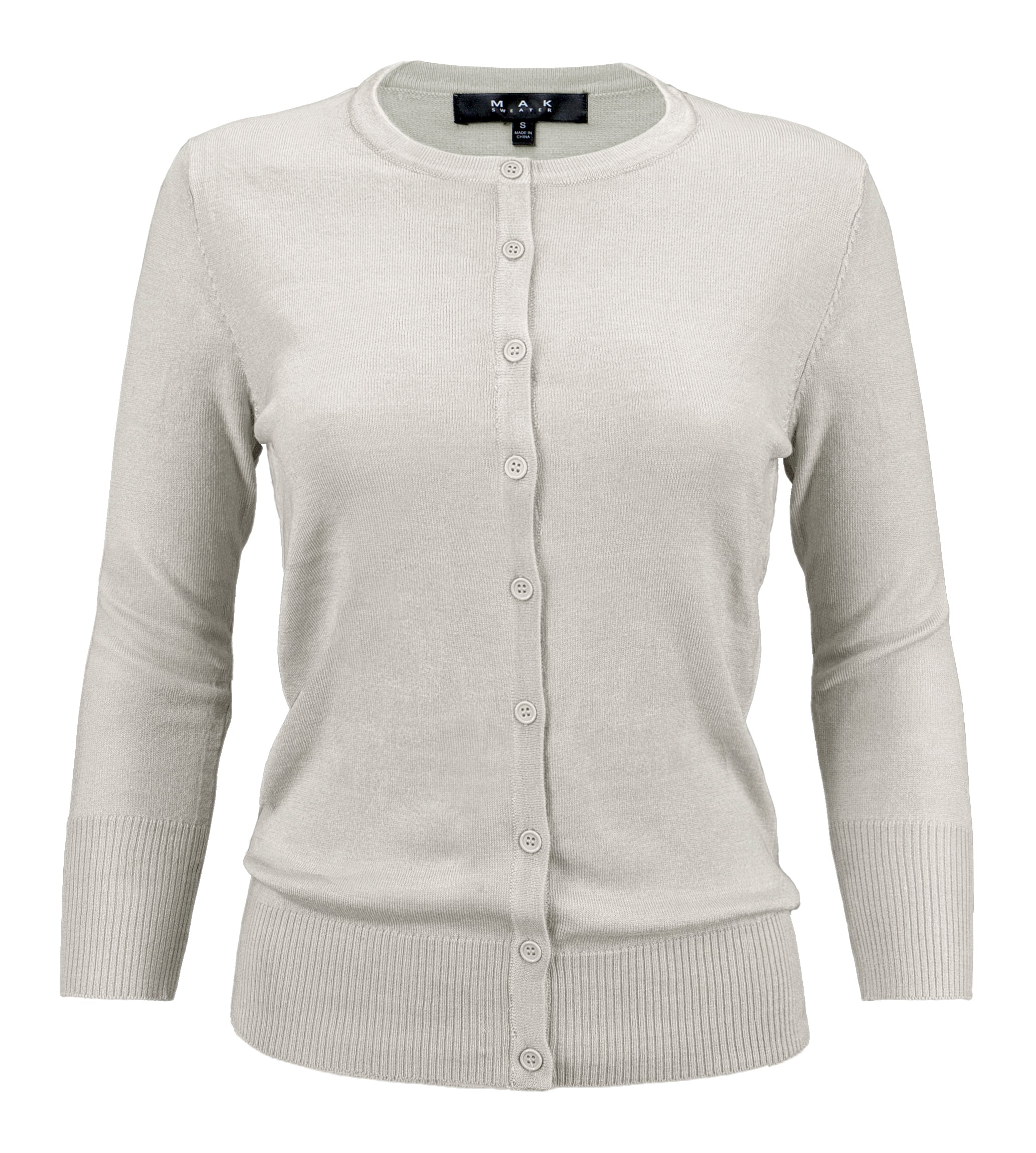 YEMAK Women's 3/4 Sleeve Crewneck Button Down Cardigan Sweater CO079 (S-L) Light Grey