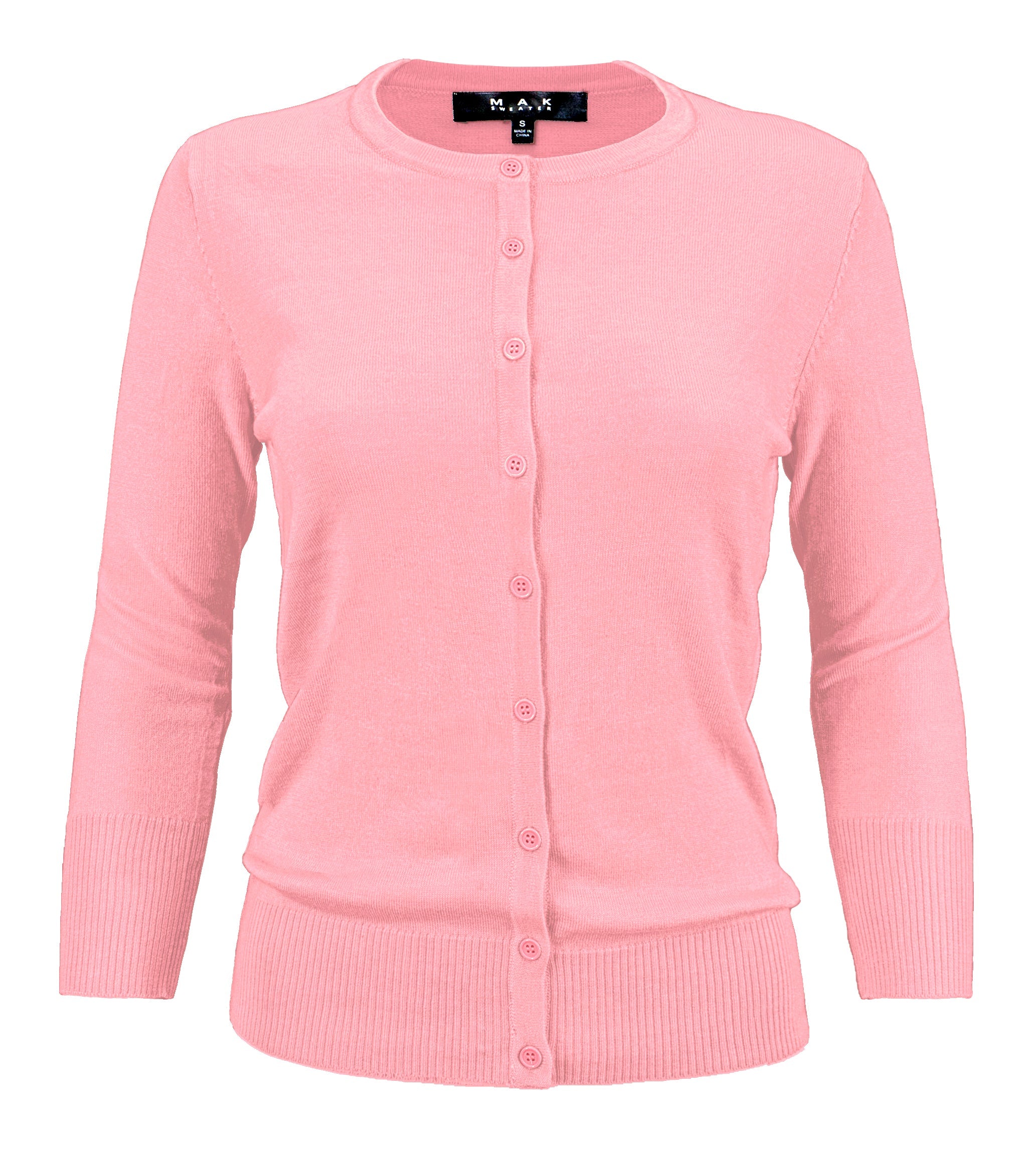 YEMAK Women's 3/4 Sleeve Crewneck Button Down Cardigan Sweater CO079 (S-3X) Light Pink