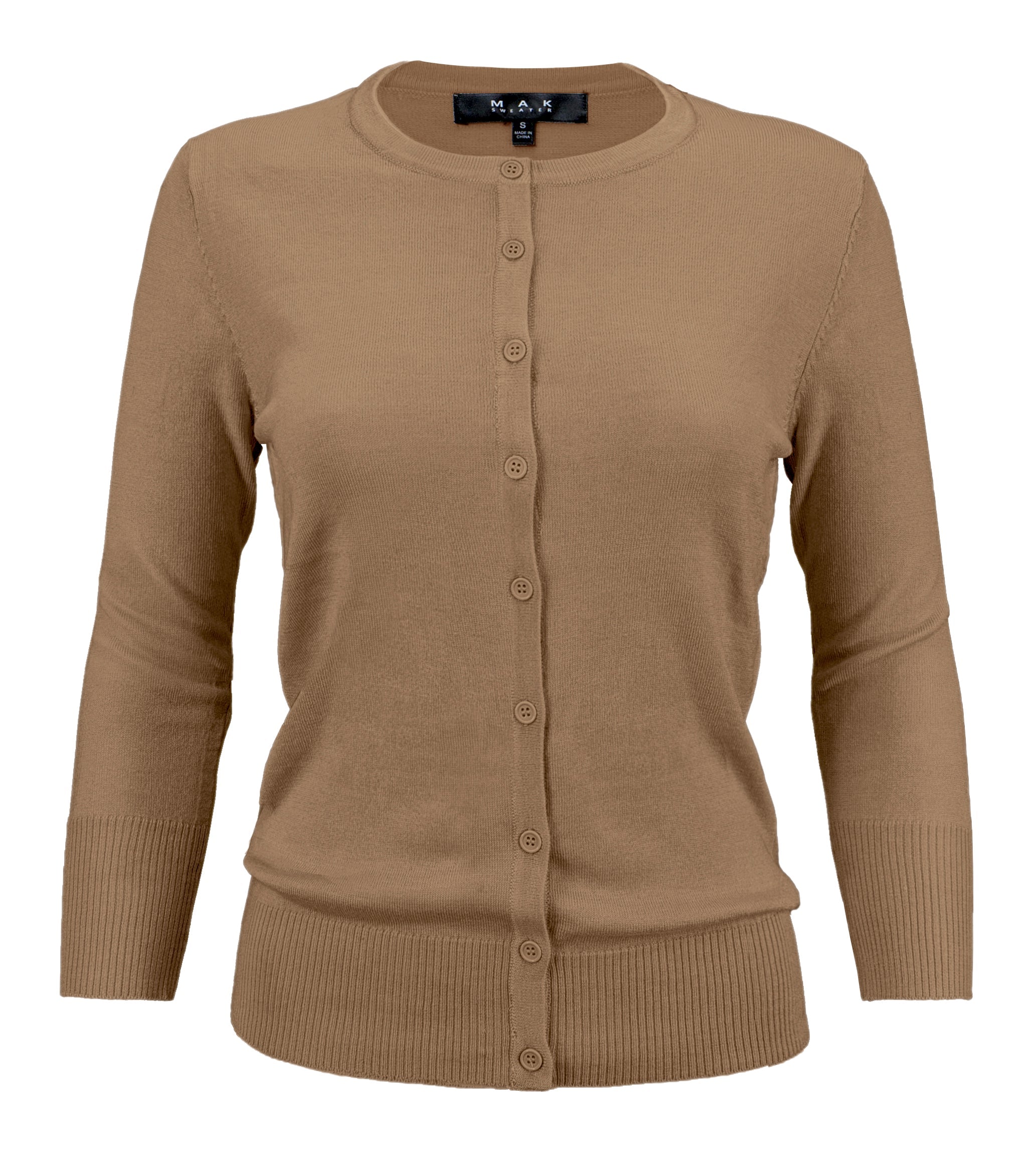 YEMAK Women's 3/4 Sleeve Crewneck Button Down Cardigan Sweater CO079 (S-L) Mocha