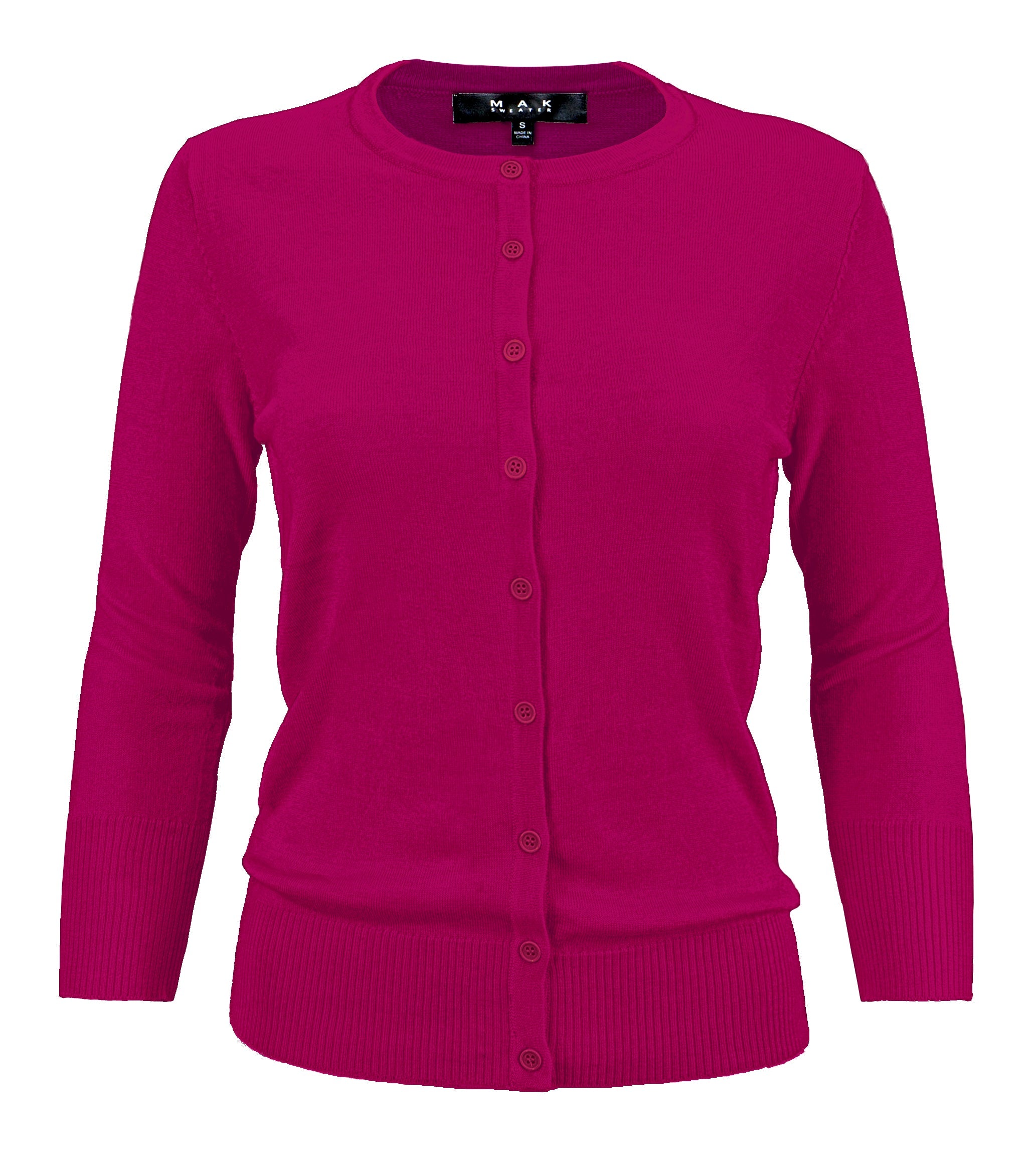 YEMAK Women's 3/4 Sleeve Crewneck Button Down Cardigan Sweater CO079 (S-3X) Magenta