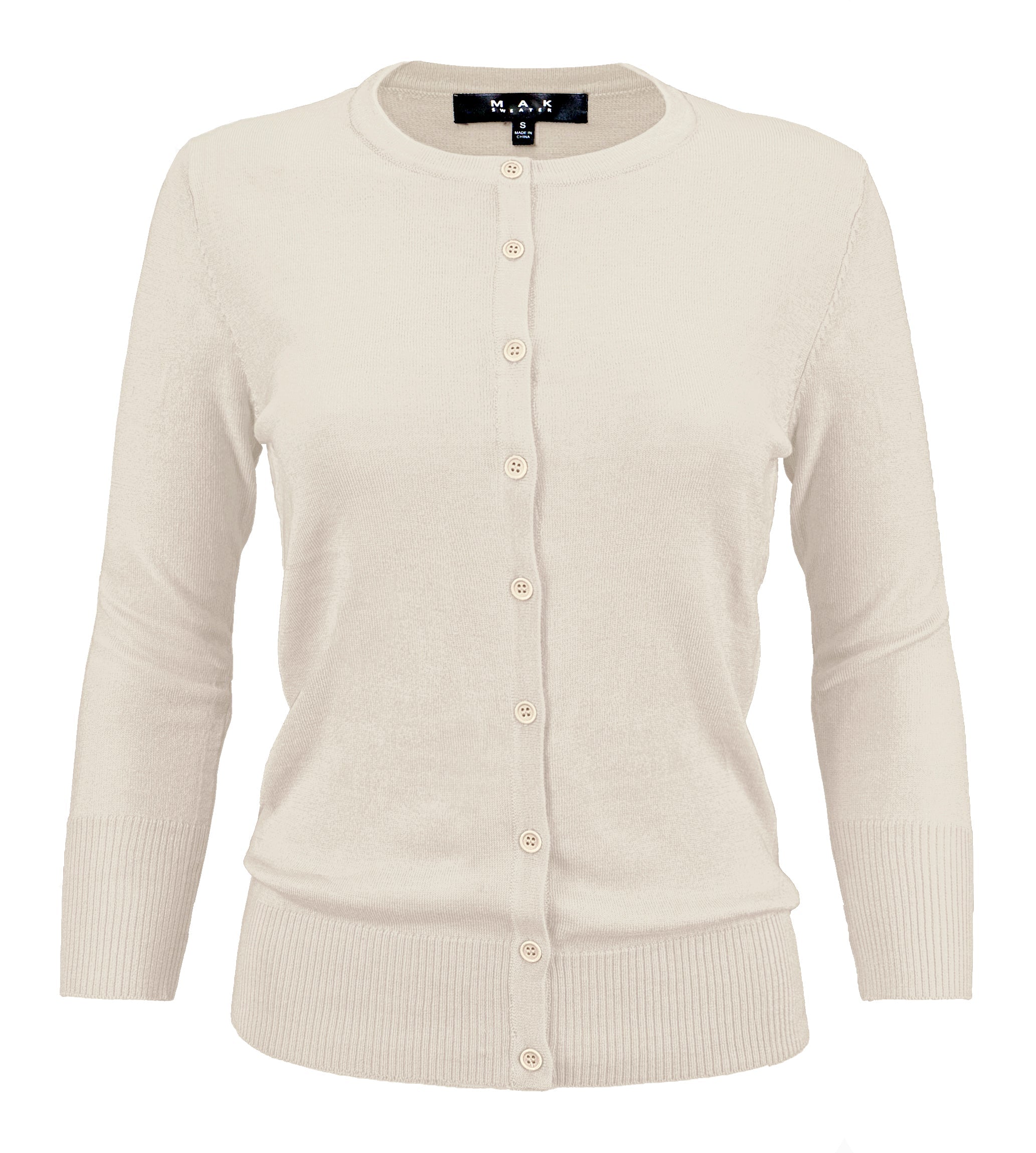 YEMAK Women's 3/4 Sleeve Crewneck Button Down Cardigan Sweater CO079 (S-L) Oatmeal