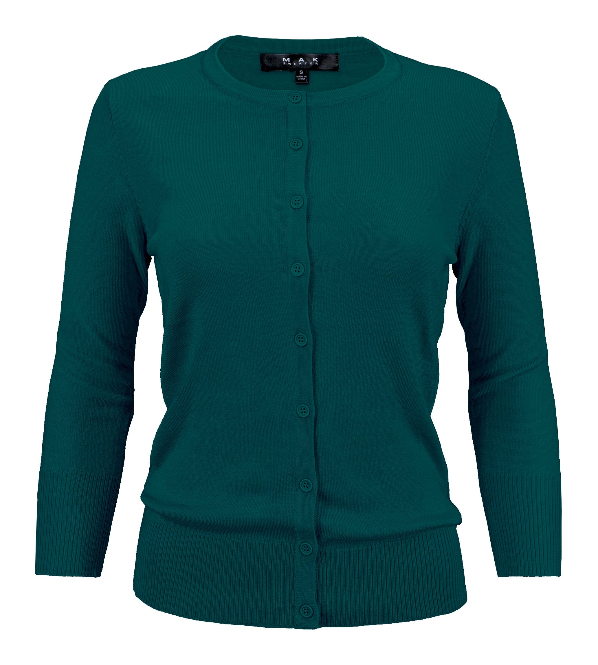 YEMAK Women's 3/4 Sleeve Crewneck Button Down Cardigan Sweater CO079 (S-3X) Peacock