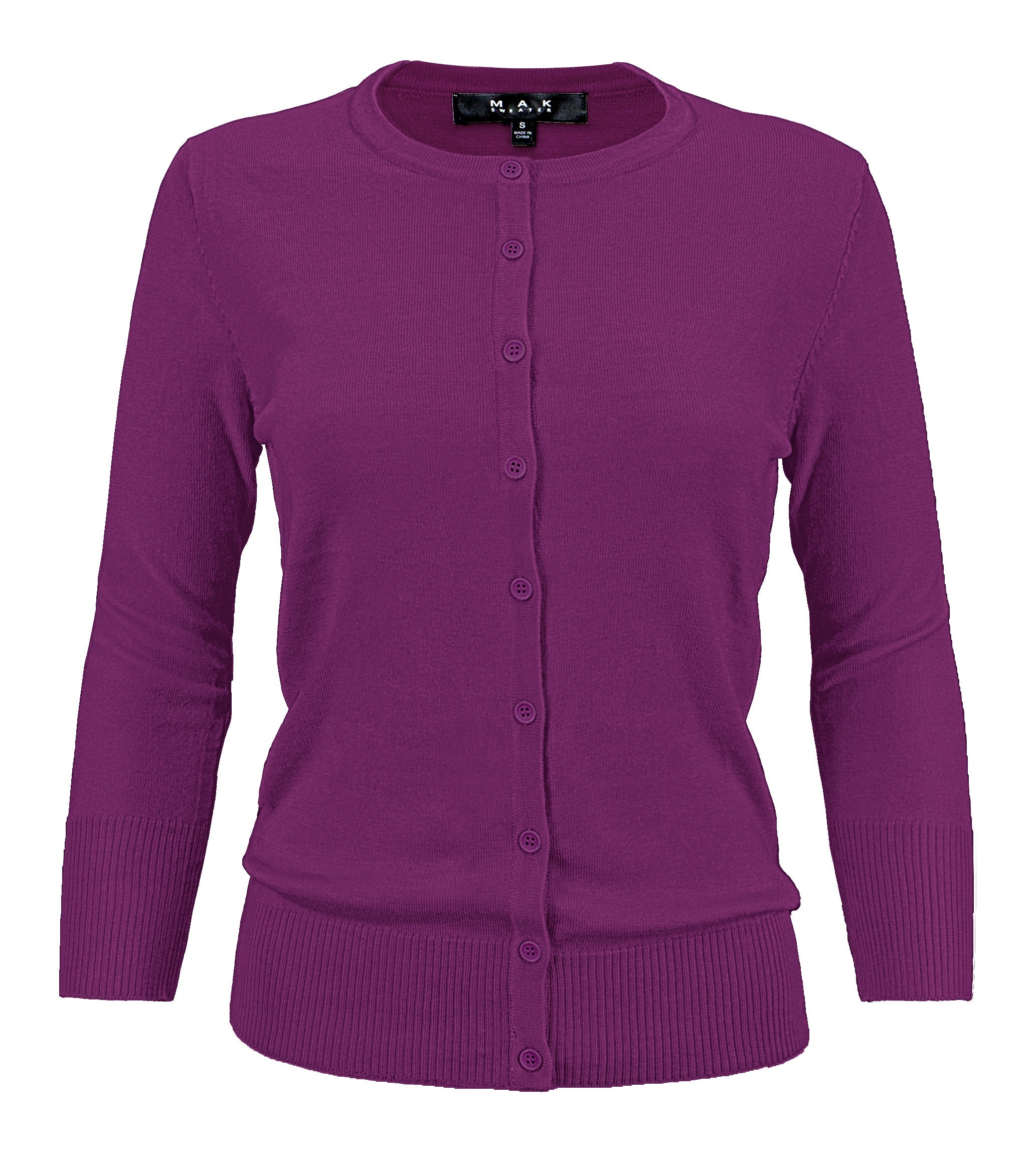 YEMAK Women's 3/4 Sleeve Crewneck Button Down Cardigan Sweater CO079 (S-3X) Purple