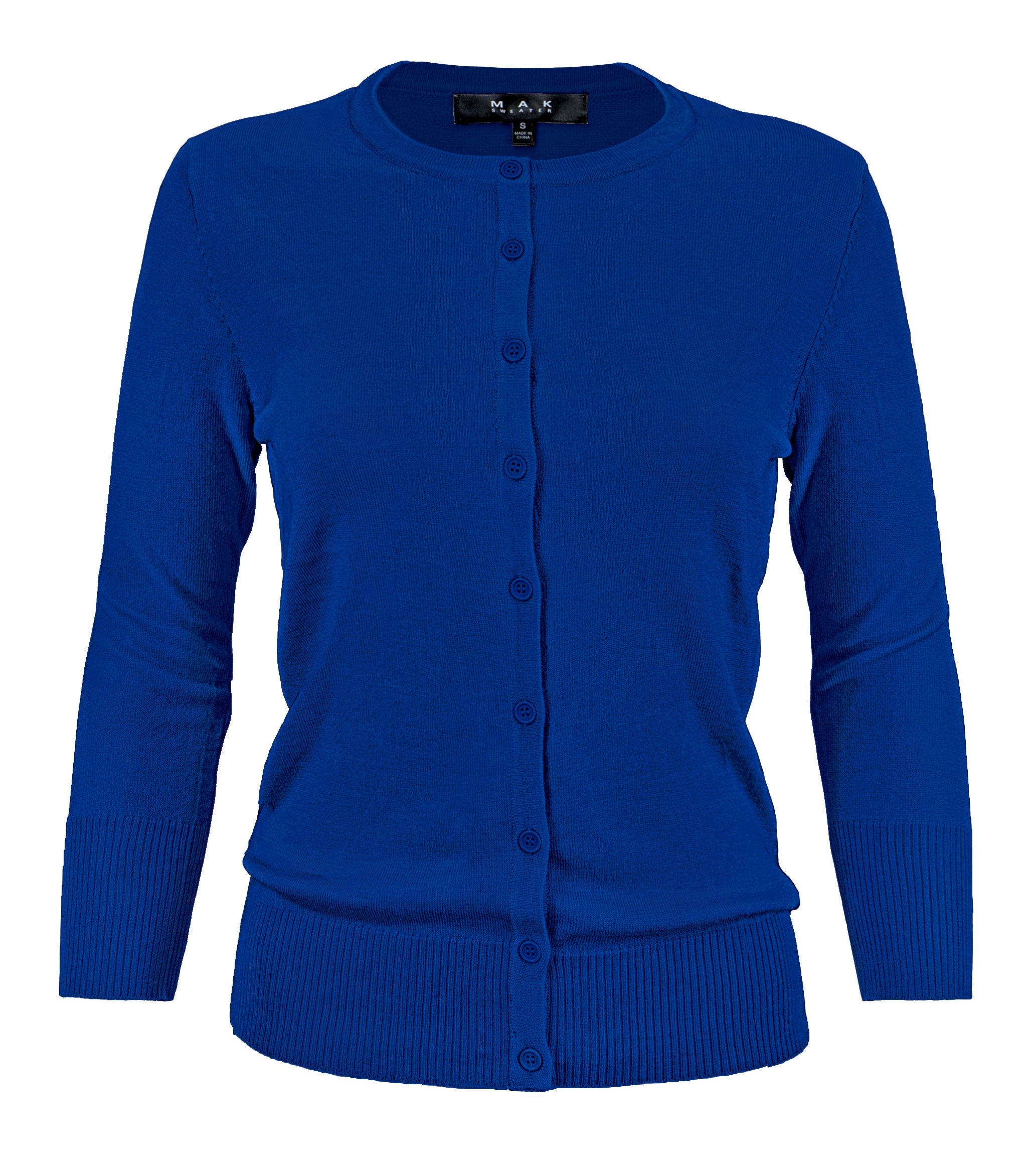 YEMAK Women's 3/4 Sleeve Crewneck Button Down Cardigan Sweater CO079 (S-3X) Royal Blue