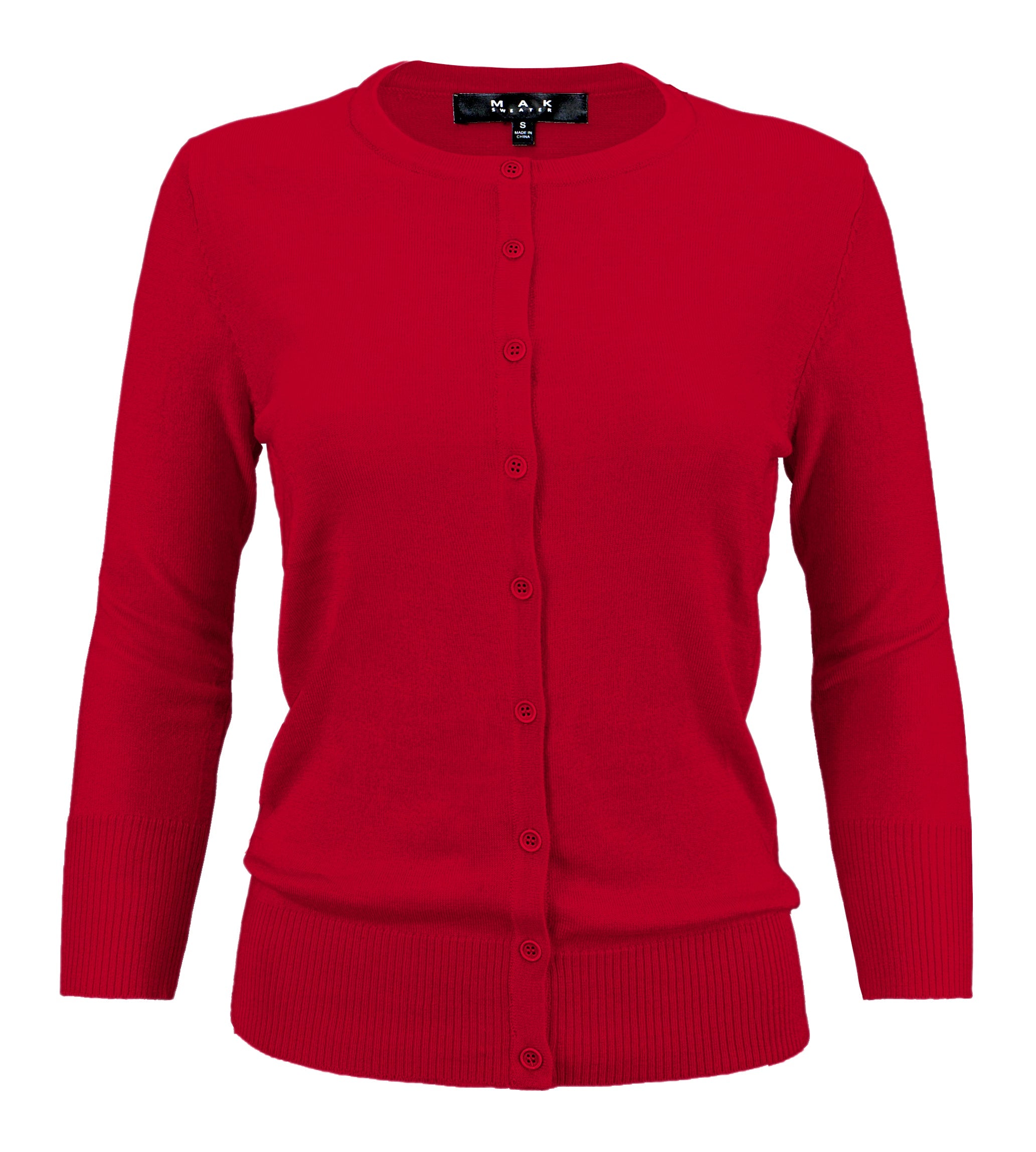 YEMAK Women's 3/4 Sleeve Crewneck Button Down Cardigan Sweater CO079 (S-3X) Red