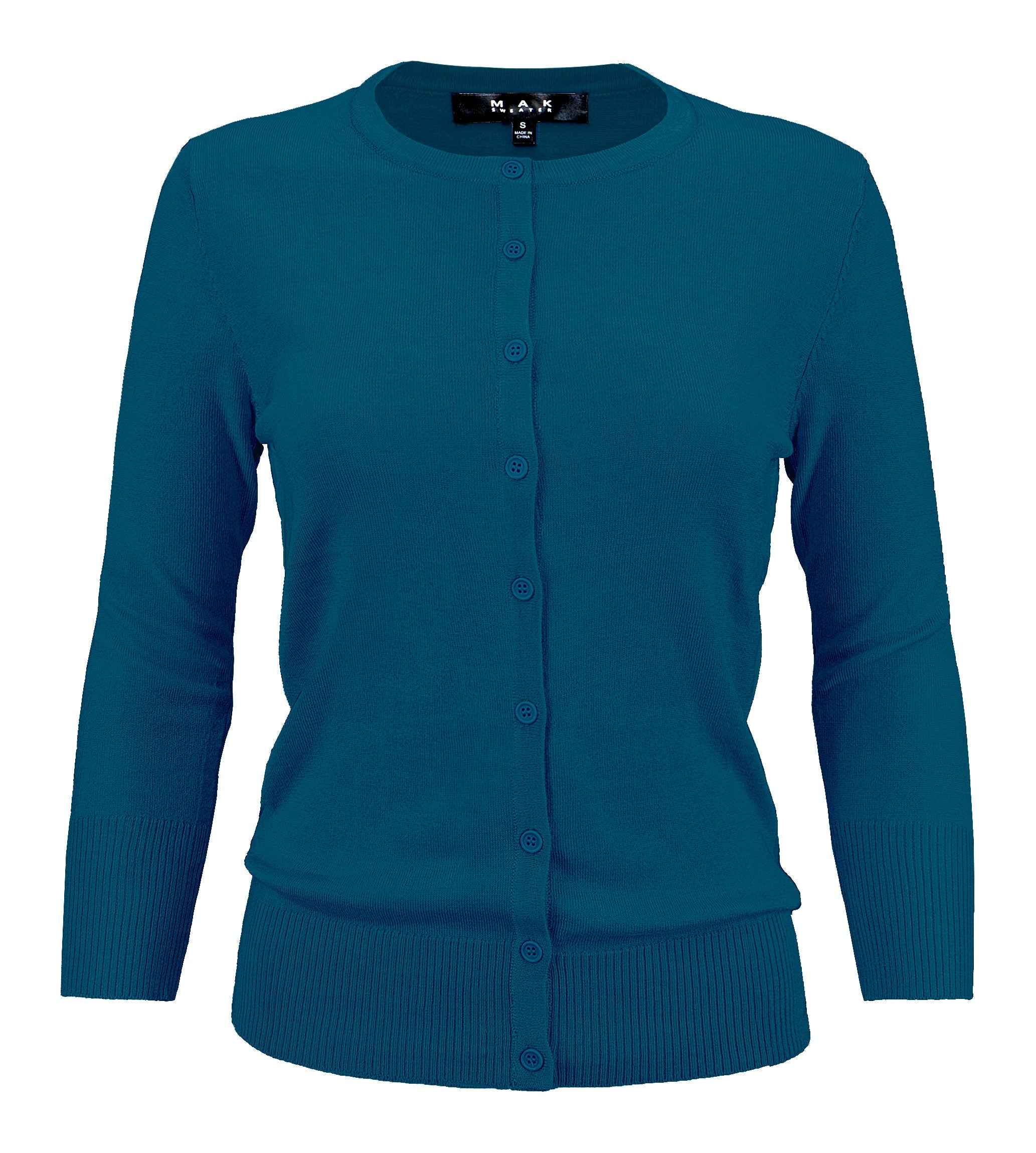YEMAK Women's 3/4 Sleeve Crewneck Button Down Cardigan Sweater CO079 (S-3X) Teal Blue