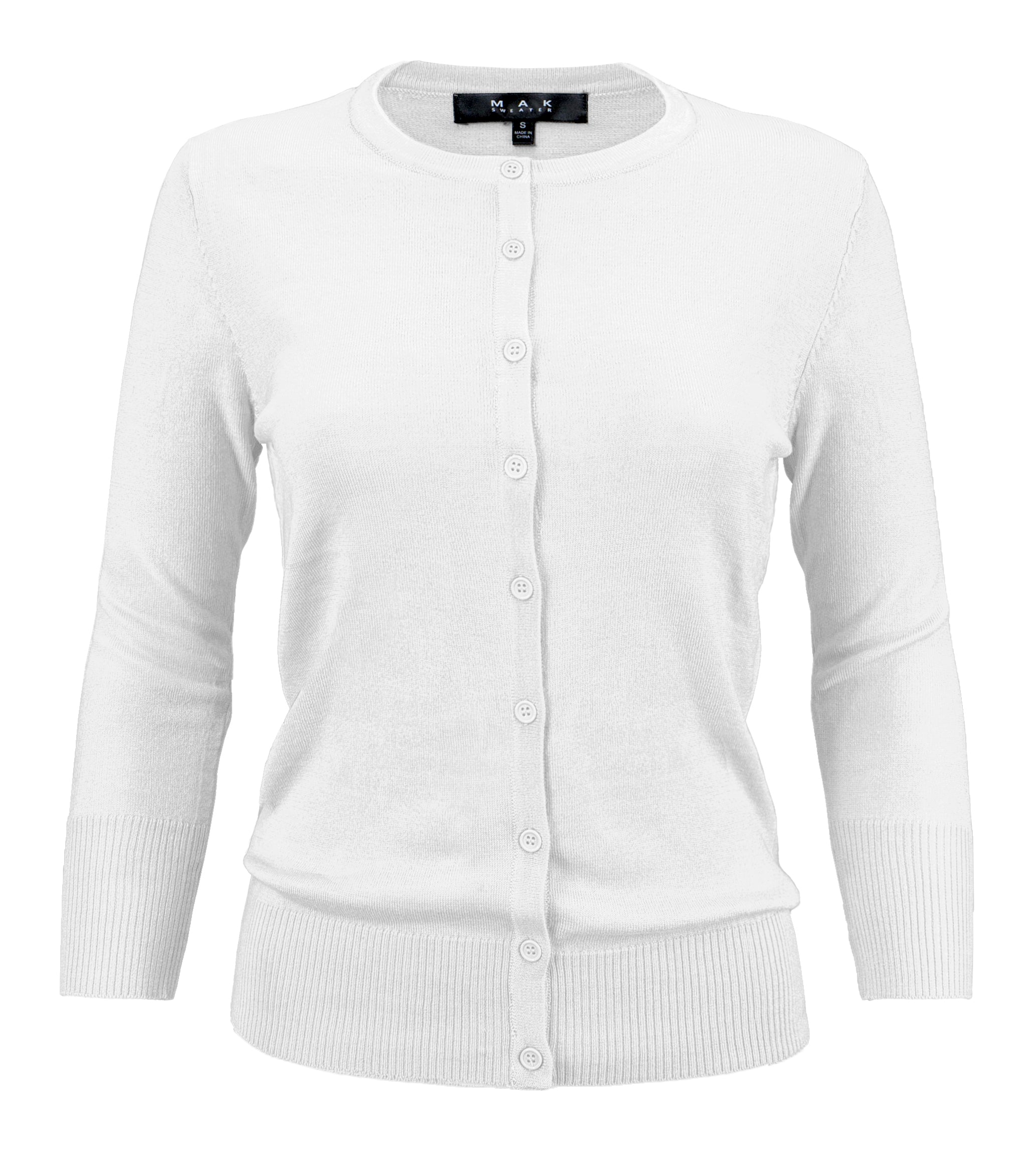 YEMAK Women's 3/4 Sleeve Crewneck Button Down Cardigan Sweater CO079 (S-3X) White