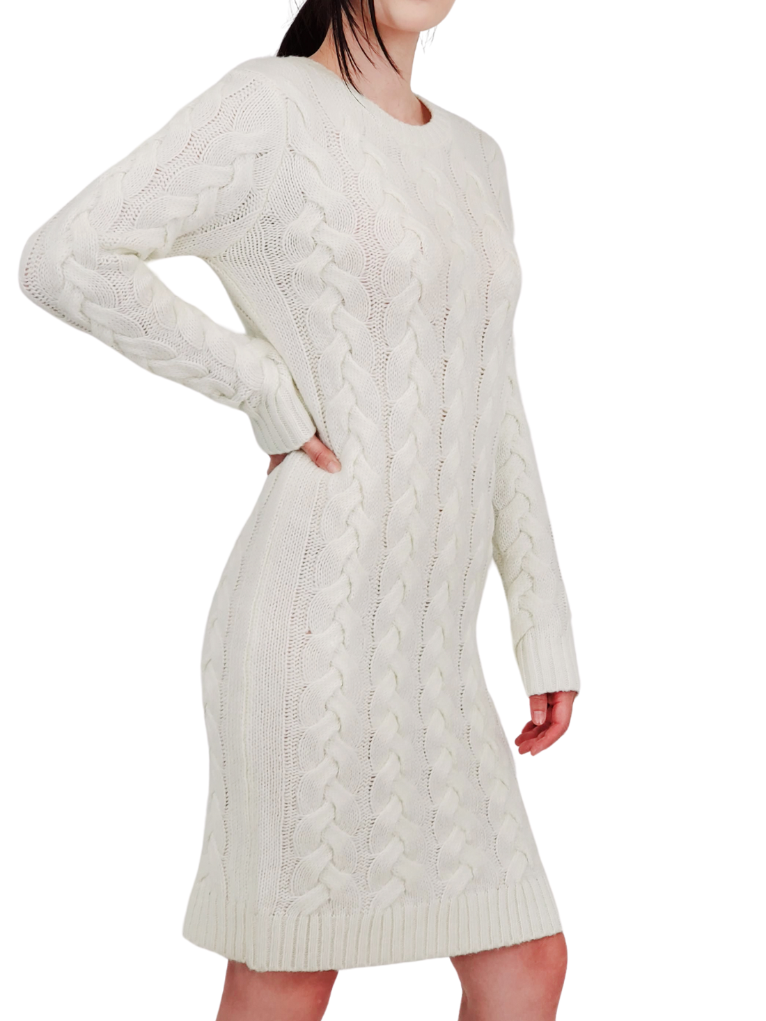 Yemak Women's Loose Fit Knee Length Heavy Cable Knitted Dress MK6026